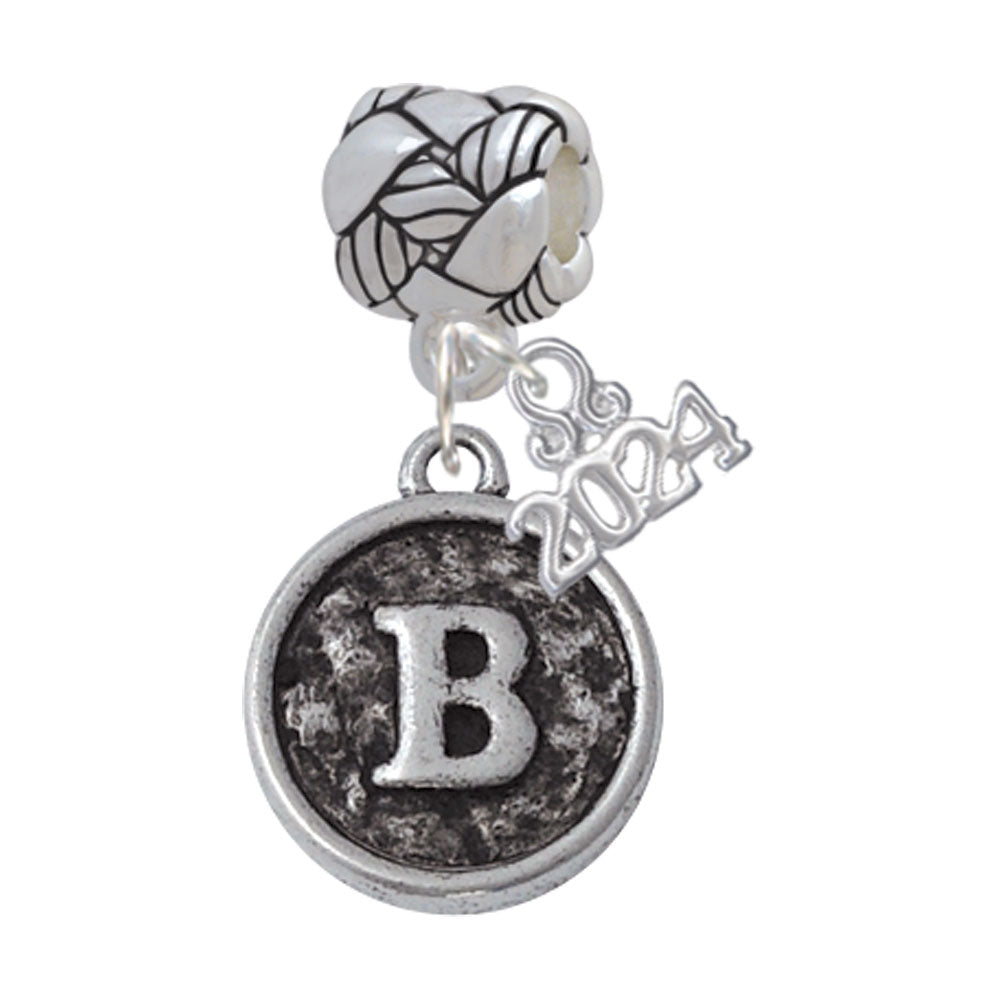 Delight Jewelry Silvertone Antiqued Round Seal - Initial - Woven Rope Charm Bead Dangle with Year 2024 Image 2