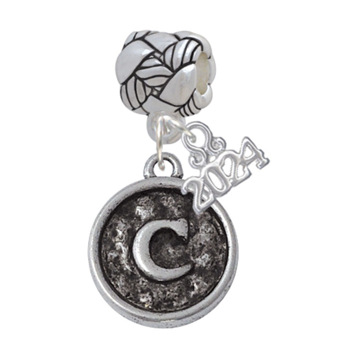 Delight Jewelry Silvertone Antiqued Round Seal - Initial - Woven Rope Charm Bead Dangle with Year 2024 Image 3