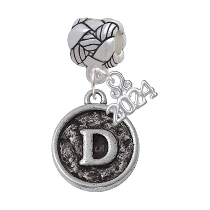 Delight Jewelry Silvertone Antiqued Round Seal - Initial - Woven Rope Charm Bead Dangle with Year 2024 Image 1
