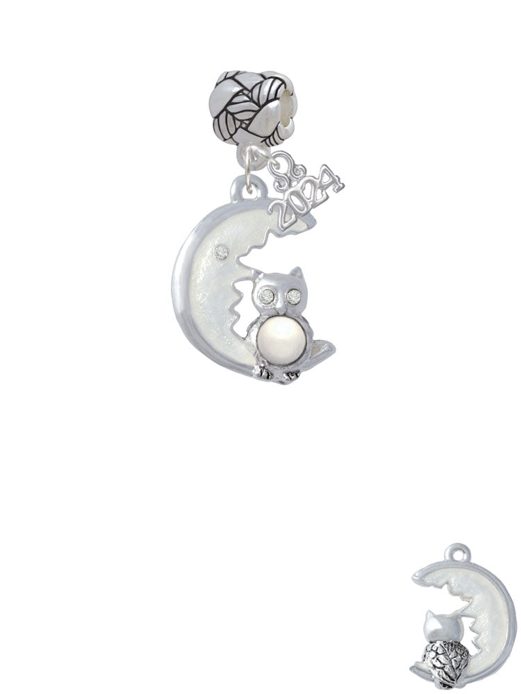 Delight Jewelry Silvertone Large Owl Sitting on Moon Woven Rope Charm Bead Dangle with Year 2024 Image 2