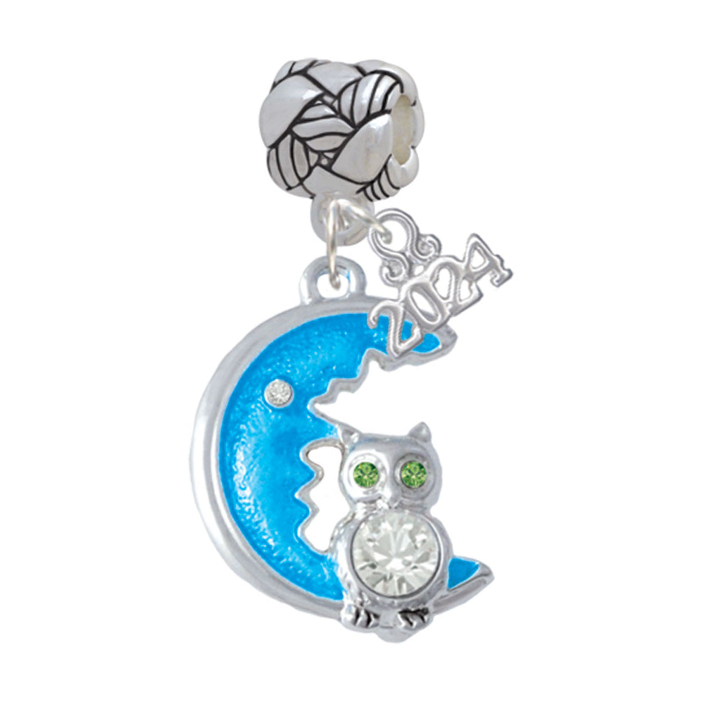Delight Jewelry Silvertone Large Owl Sitting on Moon Woven Rope Charm Bead Dangle with Year 2024 Image 1