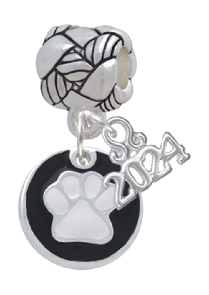 Delight Jewelry Silvertone Enamel Paw on Black Disc Woven Rope Charm Bead Dangle with Year 2024 Image 1