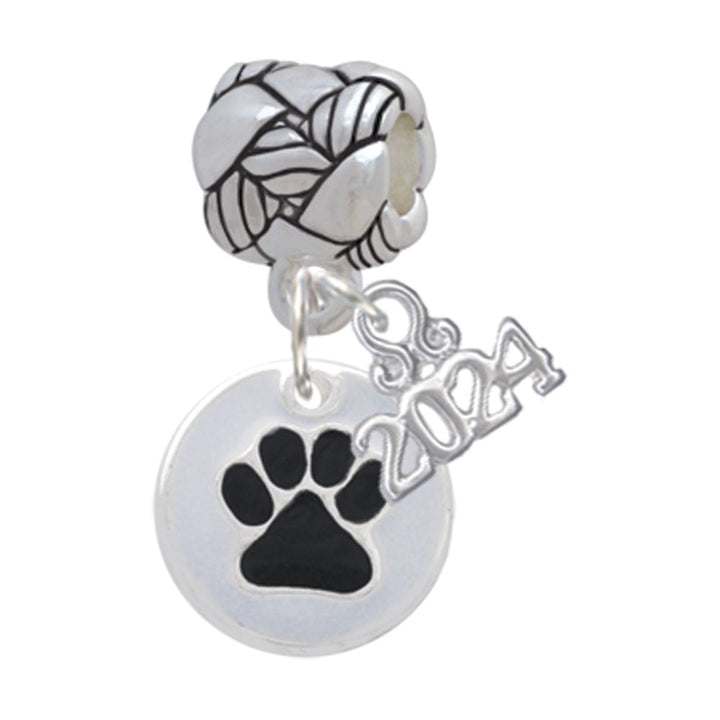 Delight Jewelry Silvertone Enamel Paw on Black Disc Woven Rope Charm Bead Dangle with Year 2024 Image 1