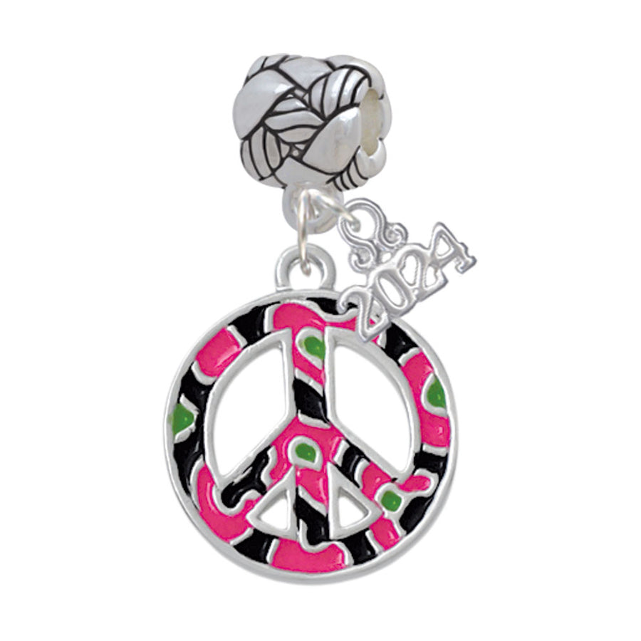 Delight Jewelry Silvertone Large Enamel Cheetah Print Peace Sign Woven Rope Charm Bead Dangle with Year 2024 Image 1
