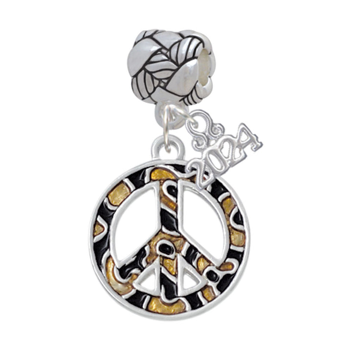 Delight Jewelry Silvertone Large Enamel Cheetah Print Peace Sign Woven Rope Charm Bead Dangle with Year 2024 Image 1