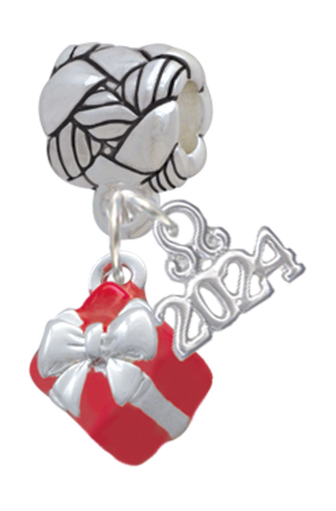 Delight Jewelry Silvertone Small 3-D Enamel Present Box with Bow Woven Rope Charm Bead Dangle with Year 2024 Image 1