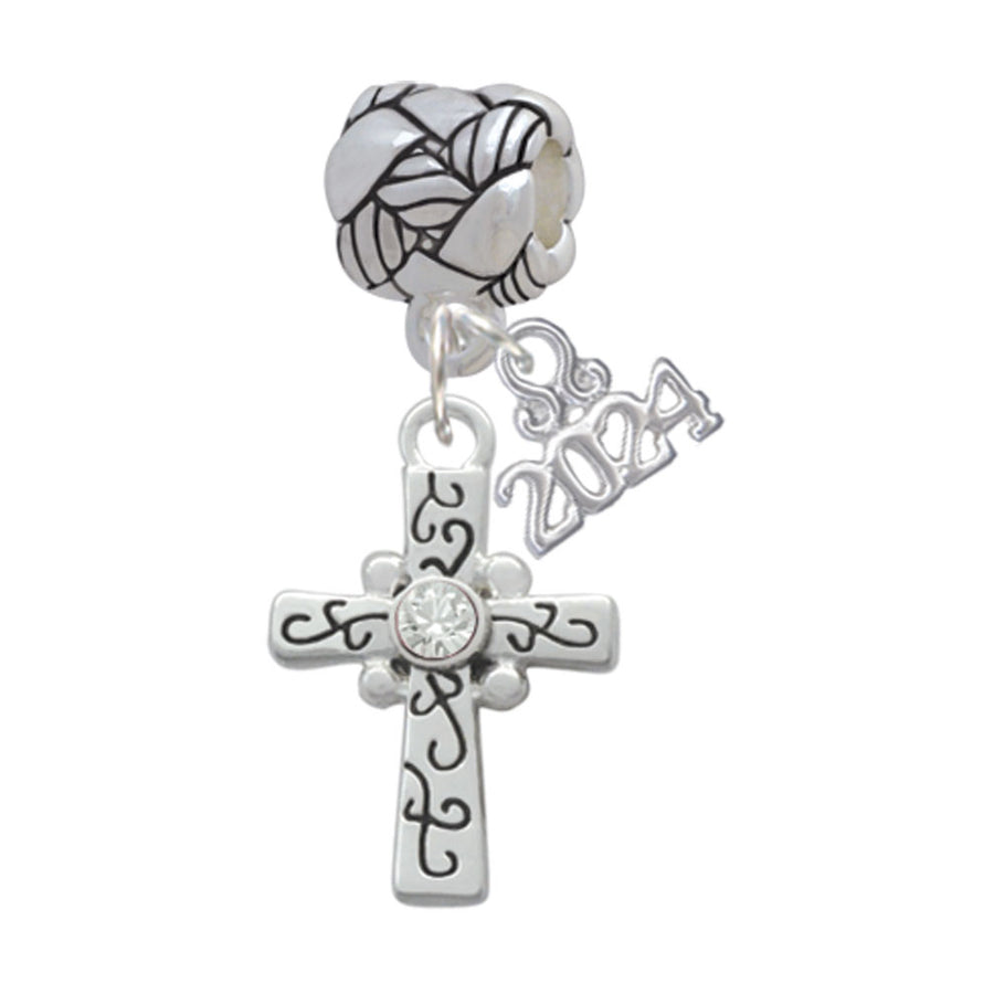 Delight Jewelry Silvertone Scroll Cross with Crystal Woven Rope Charm Bead Dangle with Year 2024 Image 1