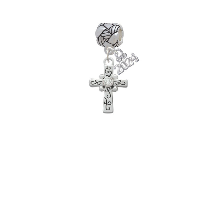 Delight Jewelry Silvertone Scroll Cross with Crystal Woven Rope Charm Bead Dangle with Year 2024 Image 2