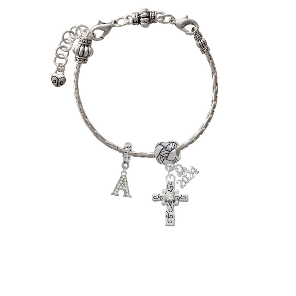Delight Jewelry Silvertone Scroll Cross with Crystal Woven Rope Charm Bead Dangle with Year 2024 Image 3