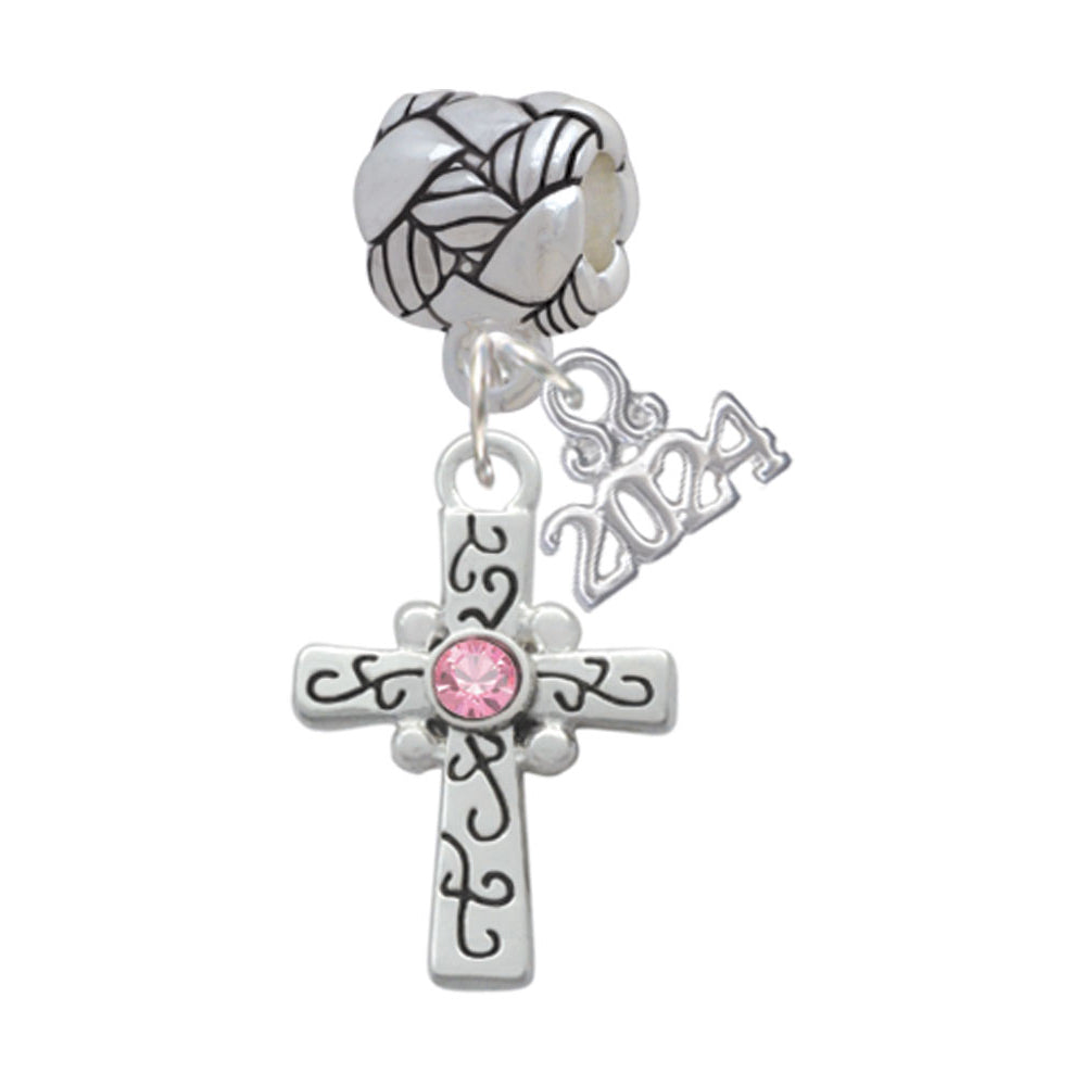 Delight Jewelry Silvertone Scroll Cross with Crystal Woven Rope Charm Bead Dangle with Year 2024 Image 4