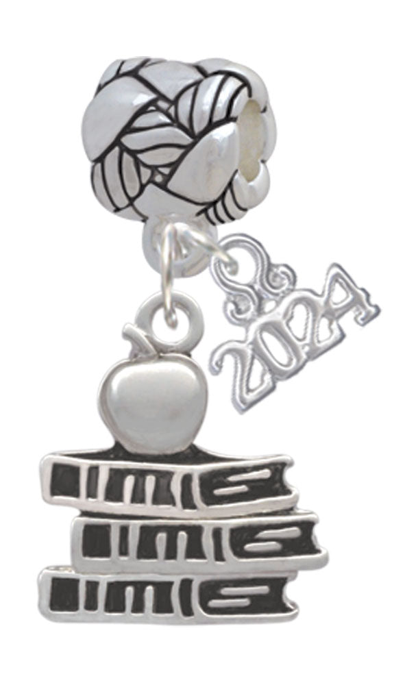 Delight Jewelry Silvertone Antiqued School Books with an Apple Woven Rope Charm Bead Dangle with Year 2024 Image 1