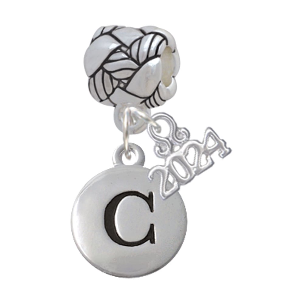 Delight Jewelry Silvertone Capital Letter - Pebble Disc - Woven Rope Charm Bead Dangle with Year 2024 Image 1