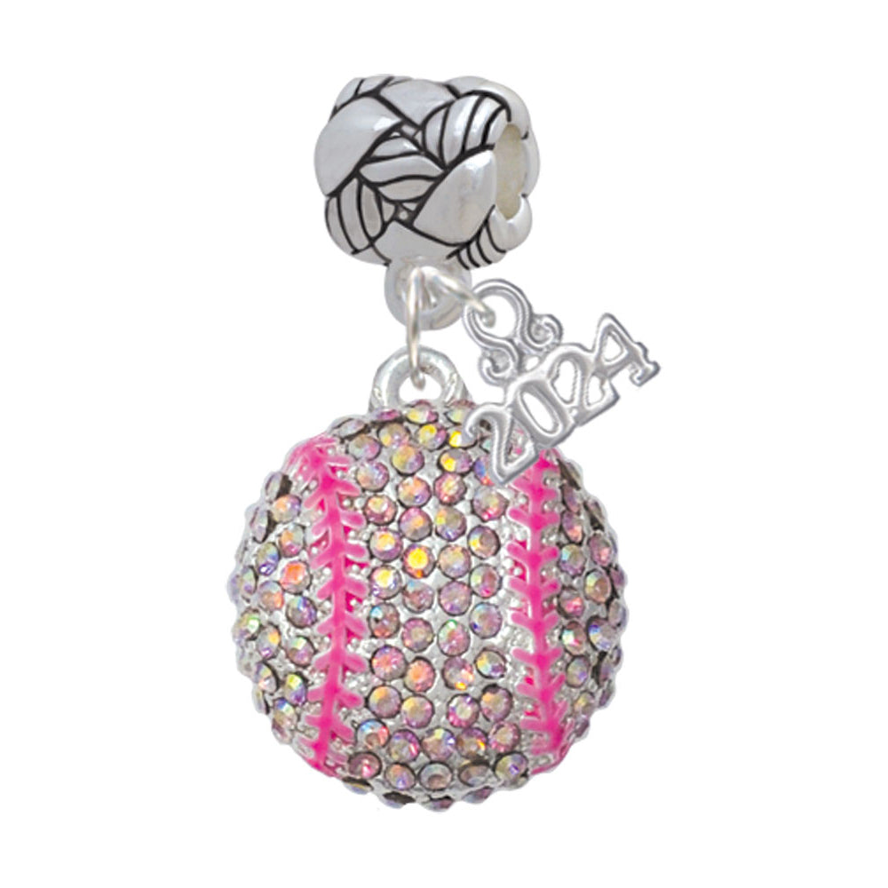 Delight Jewelry Silvertone Large Super Sparkle Crystal Softball Woven Rope Charm Bead Dangle with Year 2024 Image 1