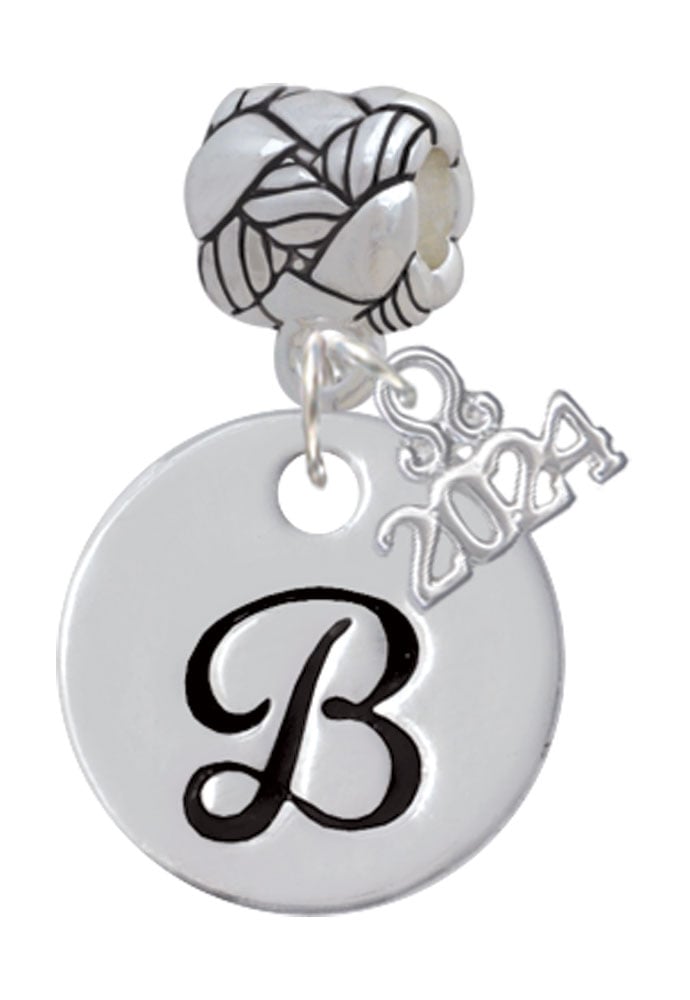 Delight Jewelry Silvertone Large Script Letter Disc - Woven Rope Charm Bead Dangle with Year 2024 Image 1