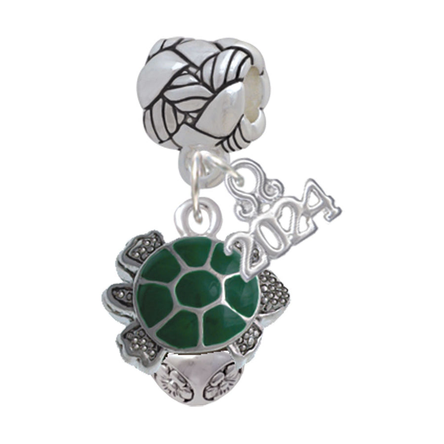Delight Jewelry Silvertone Green Enamel 2-D Turtle Spinner Woven Rope Charm Bead Dangle with Year 2024 Image 1