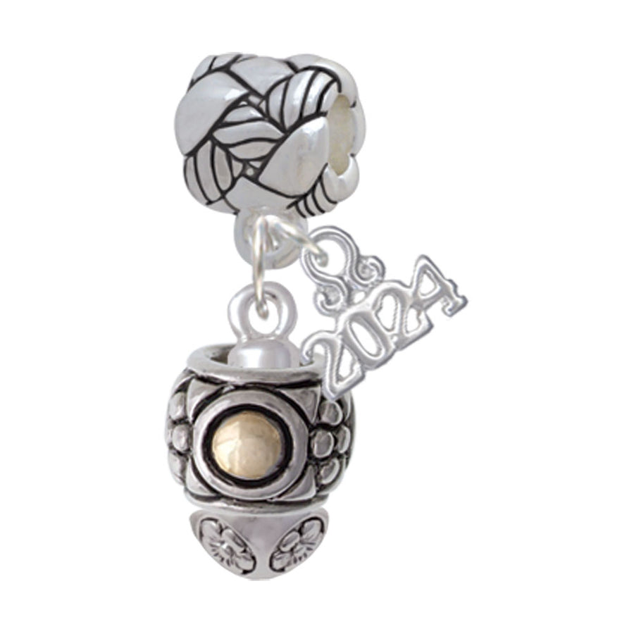 Delight Jewelry Silvertone Pattern with 2 Goldtone Bullets Spinners Woven Rope Charm Bead Dangle with Year 2024 Image 1