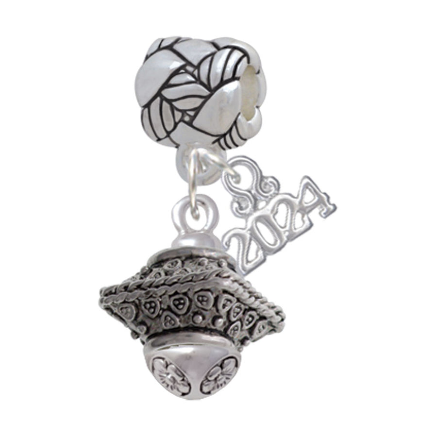 Delight Jewelry Silvertone Large Fancy Square with Rope Border Spinner Woven Rope Charm Bead Dangle with Year 2024 Image 1