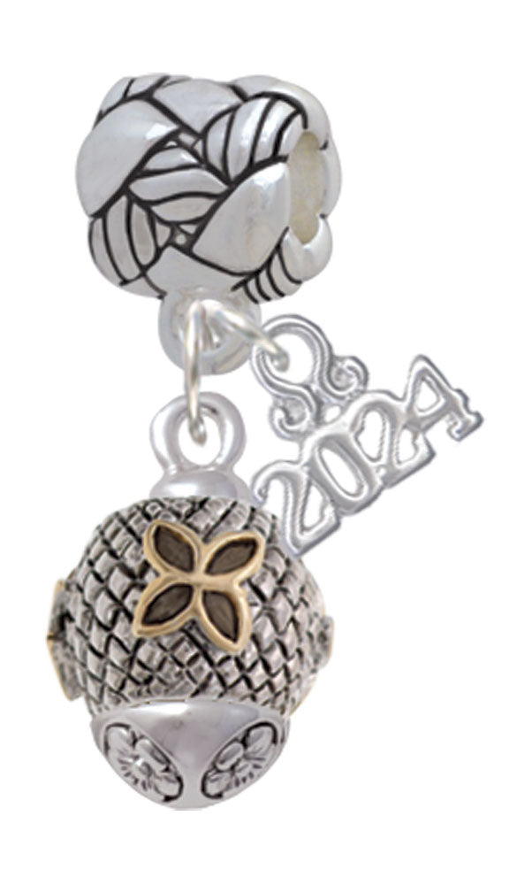 Delight Jewelry Goldtone Flower on Silvertone Hatched Background Spinner Woven Rope Charm Bead Dangle with Year 2024 Image 1
