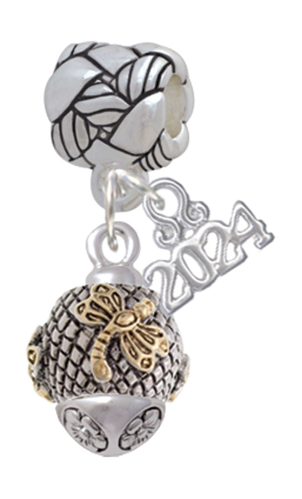 Delight Jewelry Goldtone Dragonfly on Silvertone Hatched Background Spinner Woven Rope Charm Bead Dangle with Year 2024 Image 1