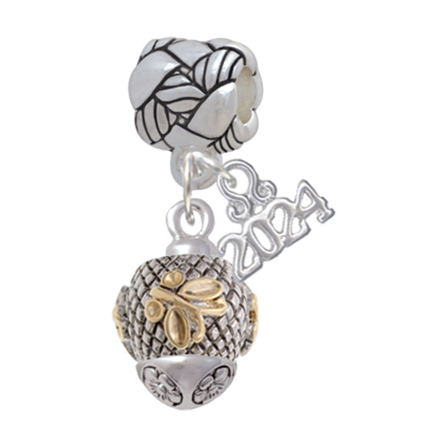 Delight Jewelry Goldtone Butterfly on Silvertone Hatched Background Spinner Woven Rope Charm Bead Dangle with Year 2024 Image 1
