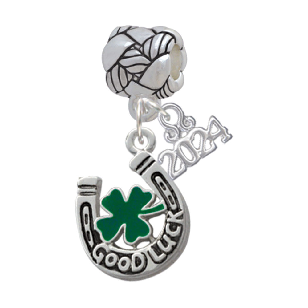 Delight Jewelry Silvertone Good Luck Horseshoe with Green Four Leaf Clover Woven Rope Charm Bead Dangle with Year 2024 Image 1