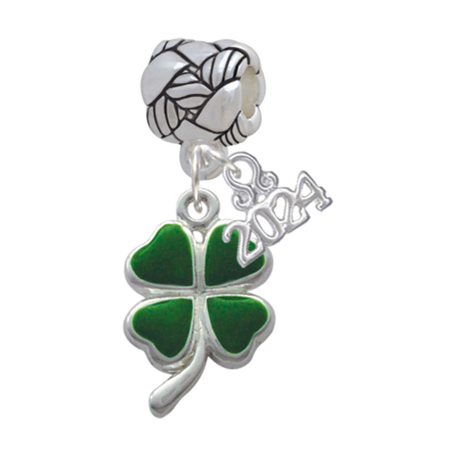 Delight Jewelry Silvertone Green Four Leaf Clover with Heart Leaves Woven Rope Charm Bead Dangle with Year 2024 Image 1