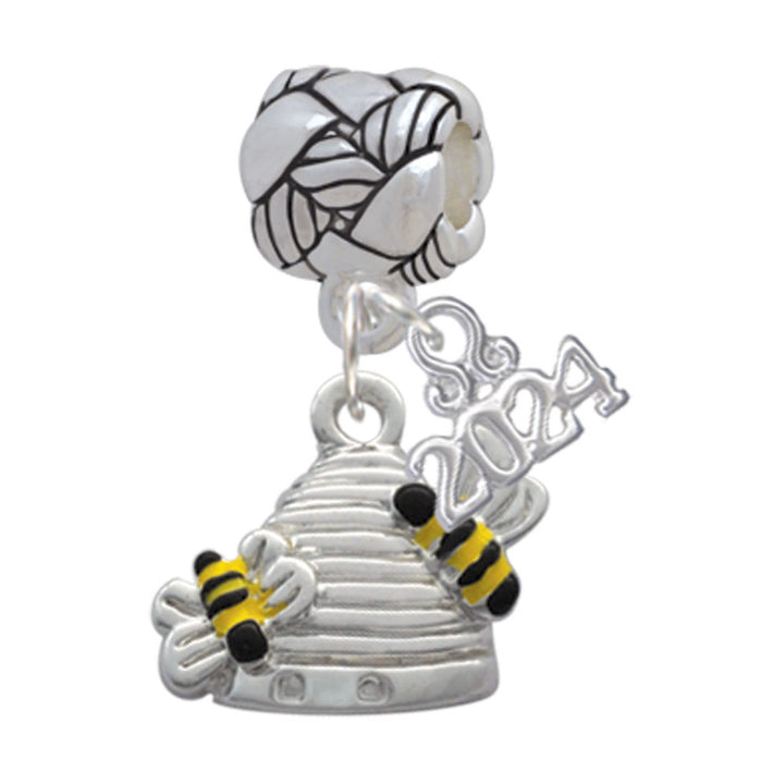 Delight Jewelry Silvertone Beehive with 2 Bumble Bees Woven Rope Charm Bead Dangle with Year 2024 Image 1