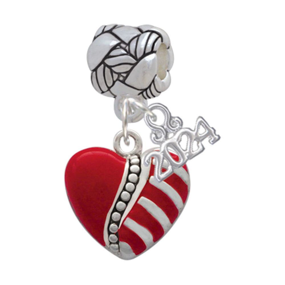 Delight Jewelry Silvertone Striped Red Enamel Heart with Beaded Decoration Woven Rope Charm Bead Dangle with Year 2024 Image 1