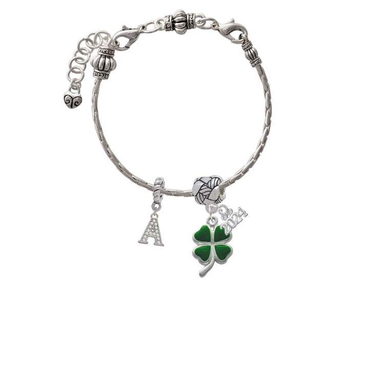 Delight Jewelry Silvertone Green Four Leaf Clover with Heart Leaves Woven Rope Charm Bead Dangle with Year 2024 Image 3
