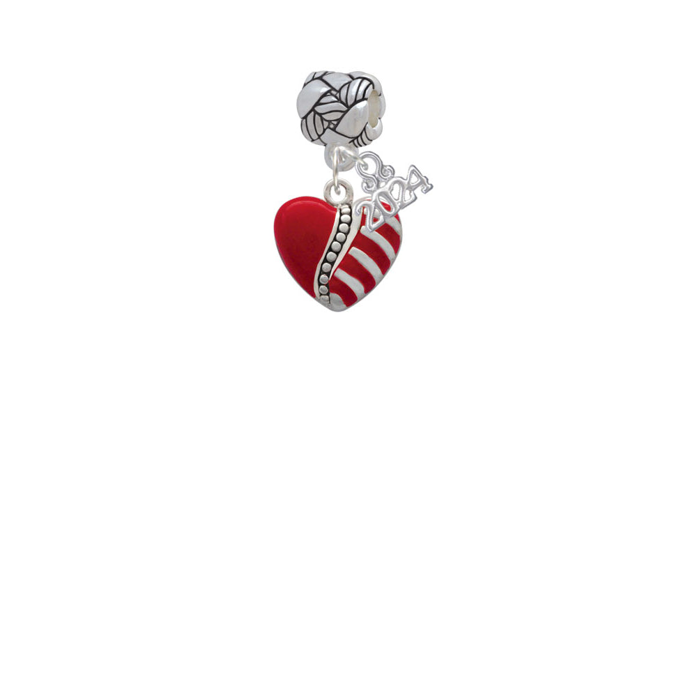 Delight Jewelry Silvertone Striped Red Enamel Heart with Beaded Decoration Woven Rope Charm Bead Dangle with Year 2024 Image 2