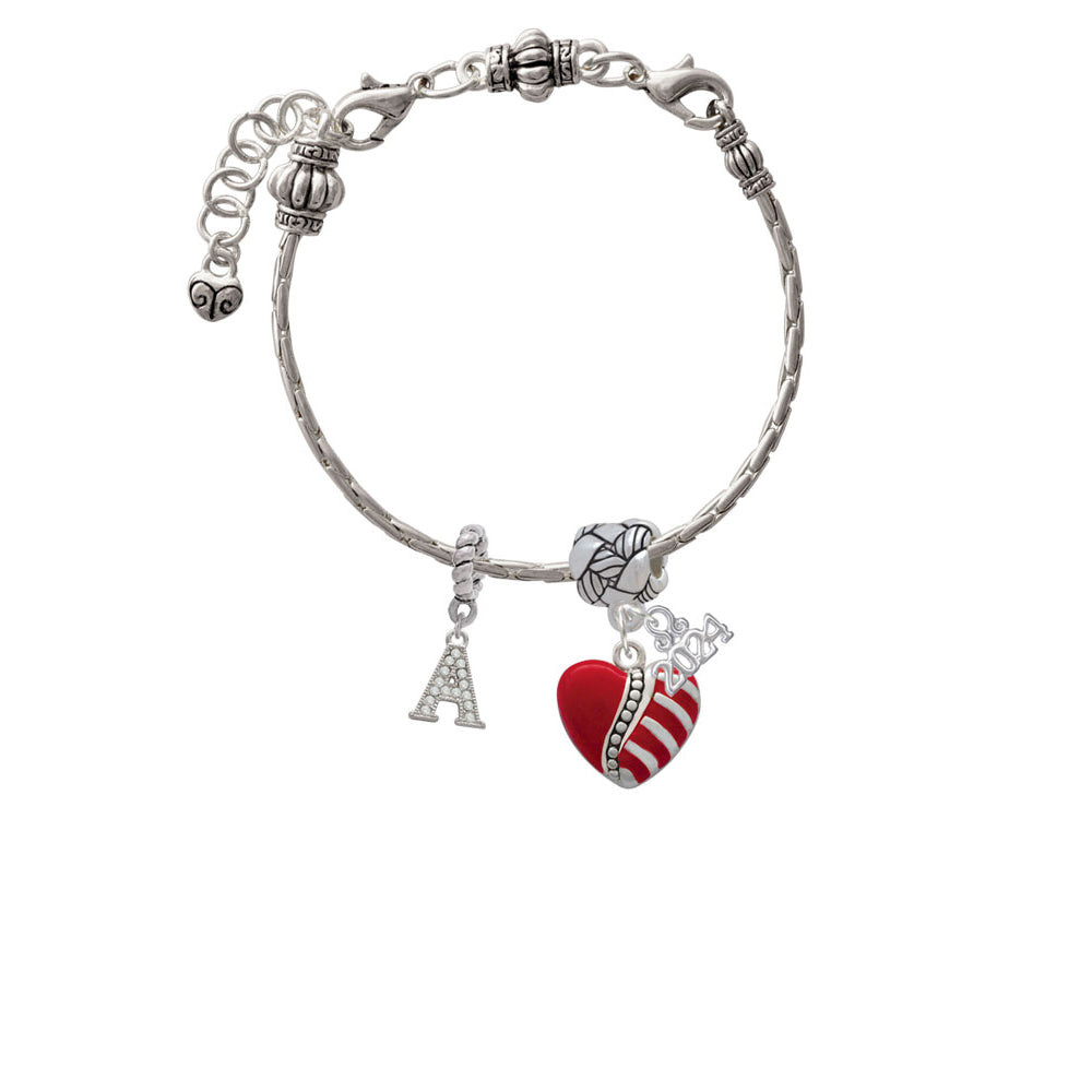 Delight Jewelry Silvertone Striped Red Enamel Heart with Beaded Decoration Woven Rope Charm Bead Dangle with Year 2024 Image 3