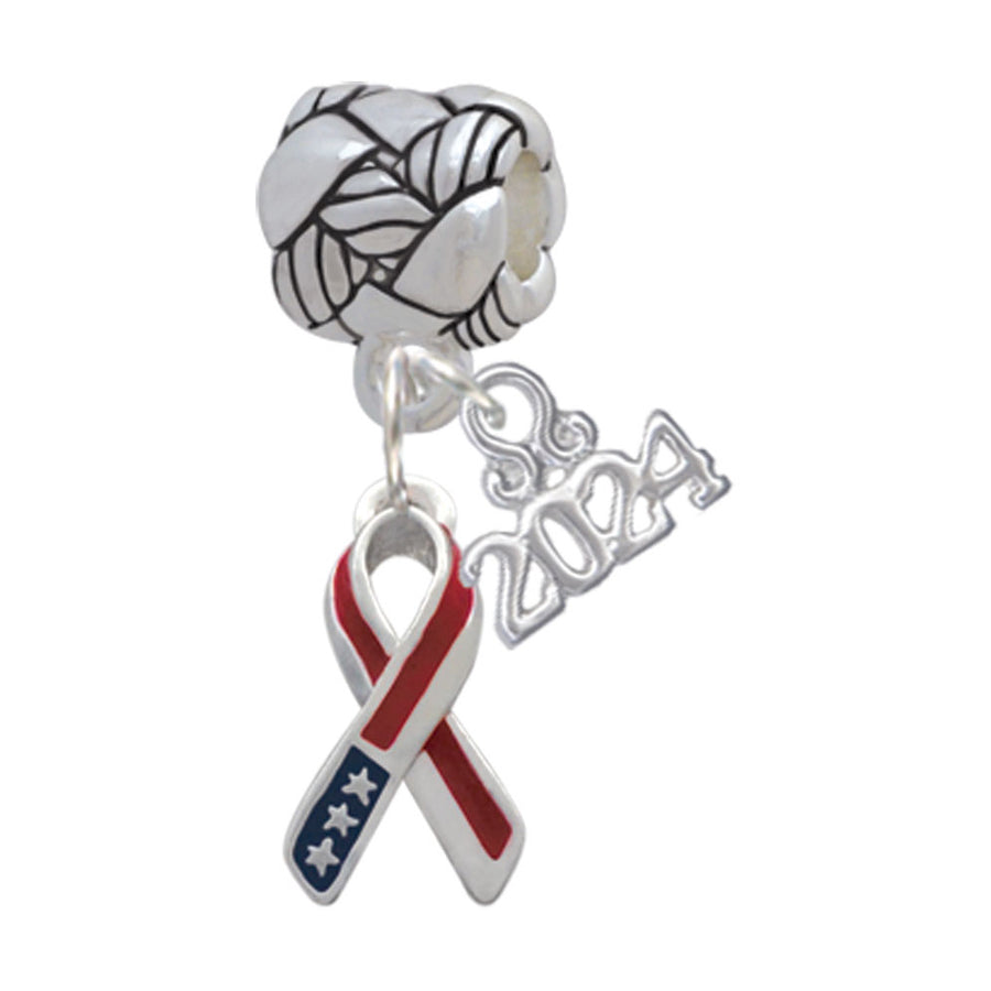 Delight Jewelry Silvertone Patriotic Ribbon Woven Rope Charm Bead Dangle with Year 2024 Image 1