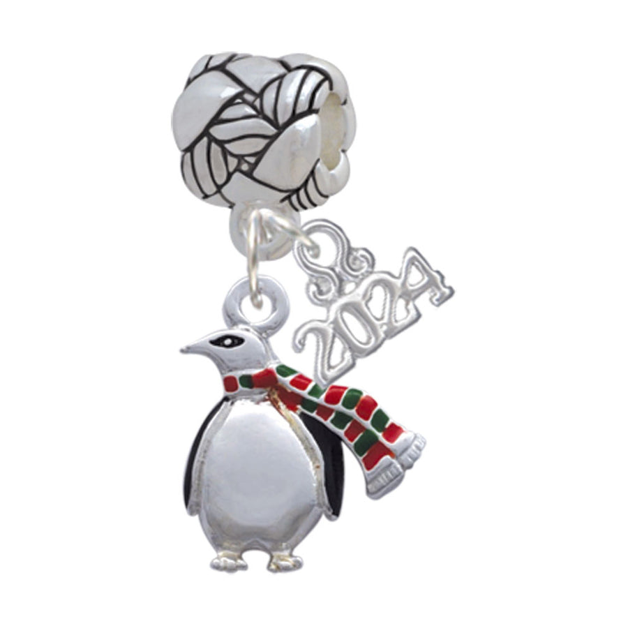 Delight Jewelry Silvertone Penguin with Scarf Woven Rope Charm Bead Dangle with Year 2024 Image 1