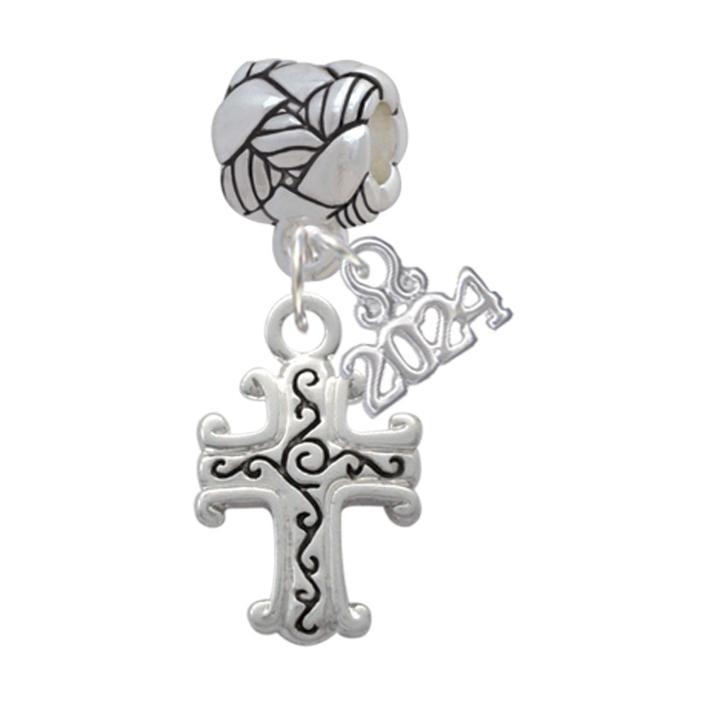 Delight Jewelry Silvertone Scroll Cross with Antiqued Decoration Woven Rope Charm Bead Dangle with Year 2024 Image 1