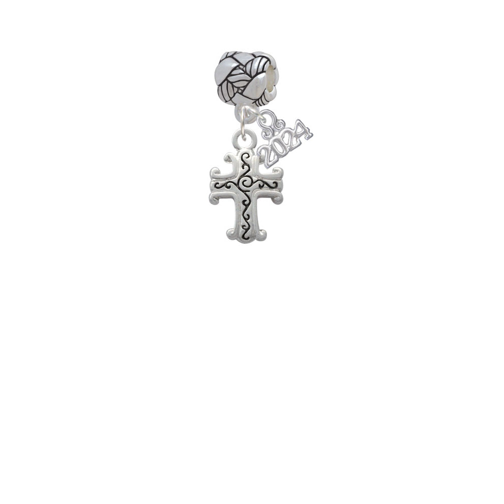Delight Jewelry Silvertone Scroll Cross with Antiqued Decoration Woven Rope Charm Bead Dangle with Year 2024 Image 2
