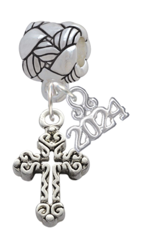 Delight Jewelry Silvertone Antiqued Budded Cross Woven Rope Charm Bead Dangle with Year 2024 Image 1