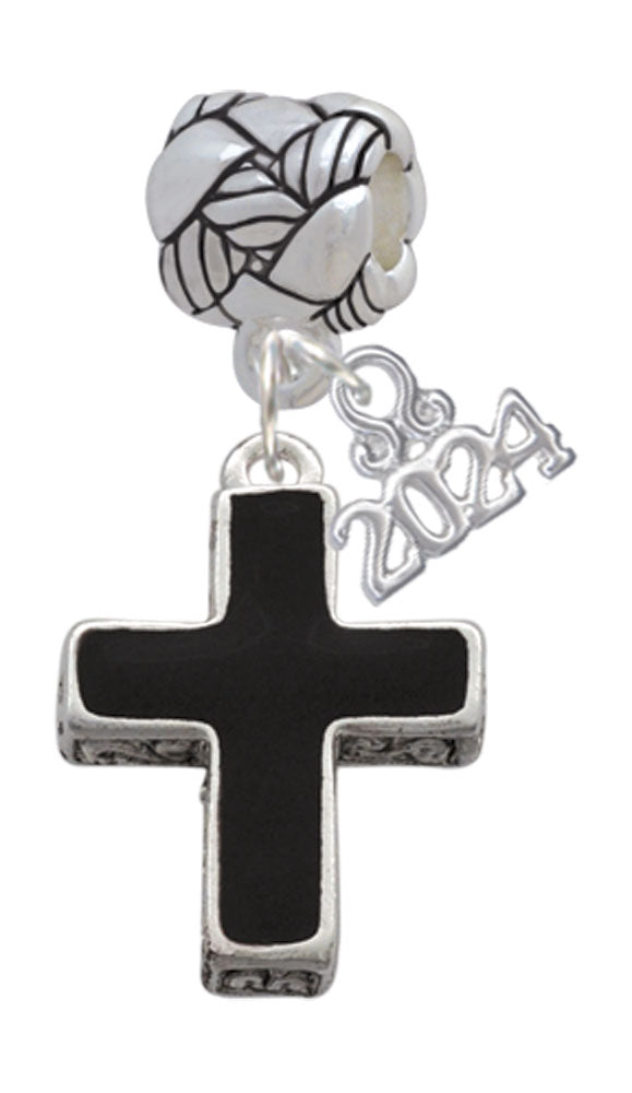 Delight Jewelry Silvertone Large Black Enamel Cross with Decorated Sides Woven Rope Charm Bead Dangle with Year 2024 Image 1