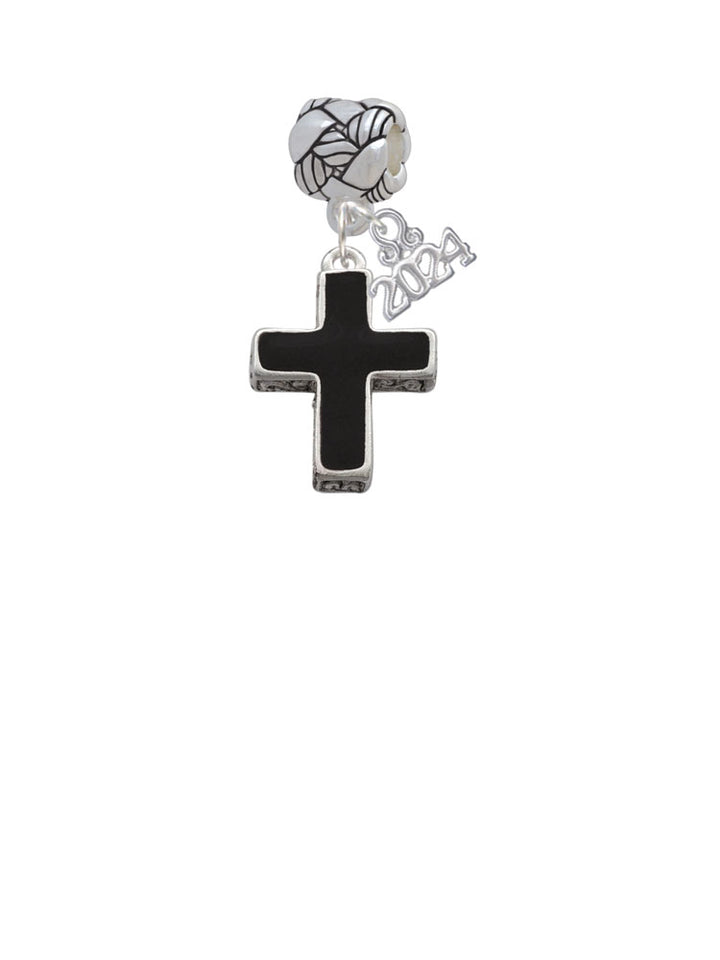 Delight Jewelry Silvertone Large Black Enamel Cross with Decorated Sides Woven Rope Charm Bead Dangle with Year 2024 Image 2