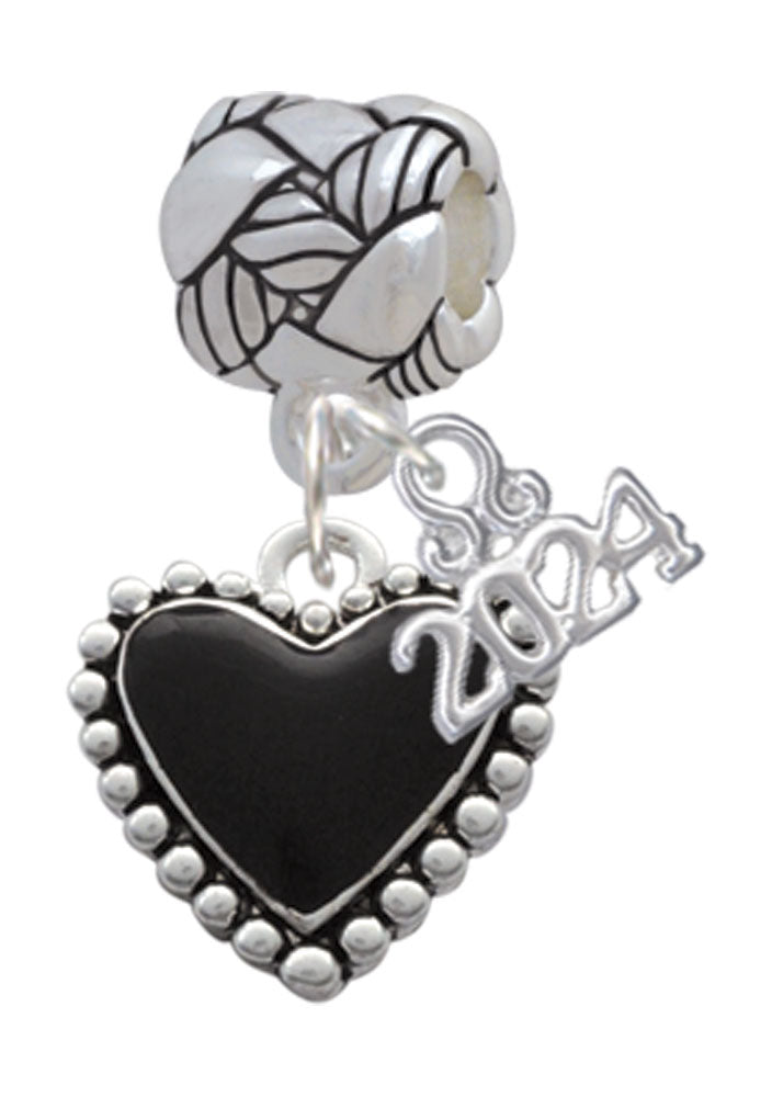 Delight Jewelry Silvertone Black Heart with Beaded Border Woven Rope Charm Bead Dangle with Year 2024 Image 1