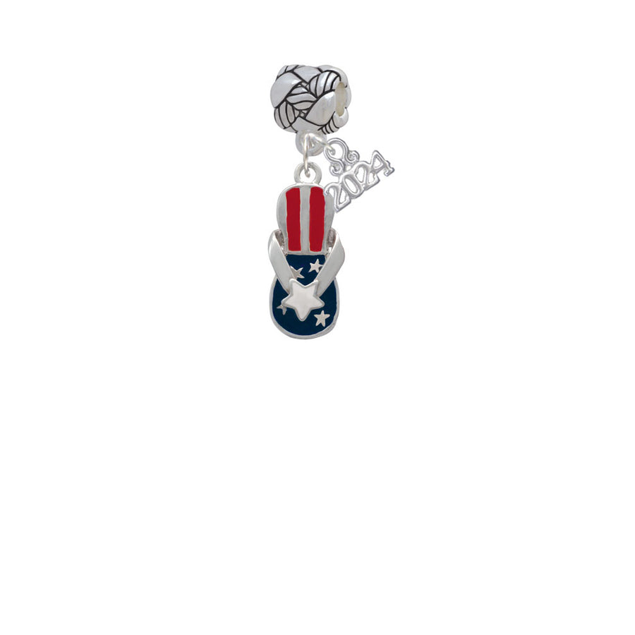 Delight Jewelry Silvertone USA Patriotic Flip Flop with White Star Woven Rope Charm Bead Dangle with Year 2024 Image 1