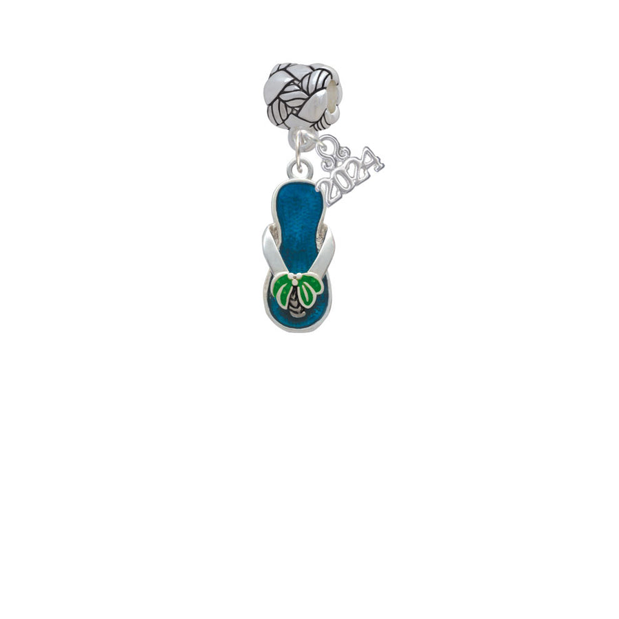 Delight Jewelry Silvertone Tropical Blue Flip Flop with Palm Tree Woven Rope Charm Bead Dangle with Year 2024 Image 1