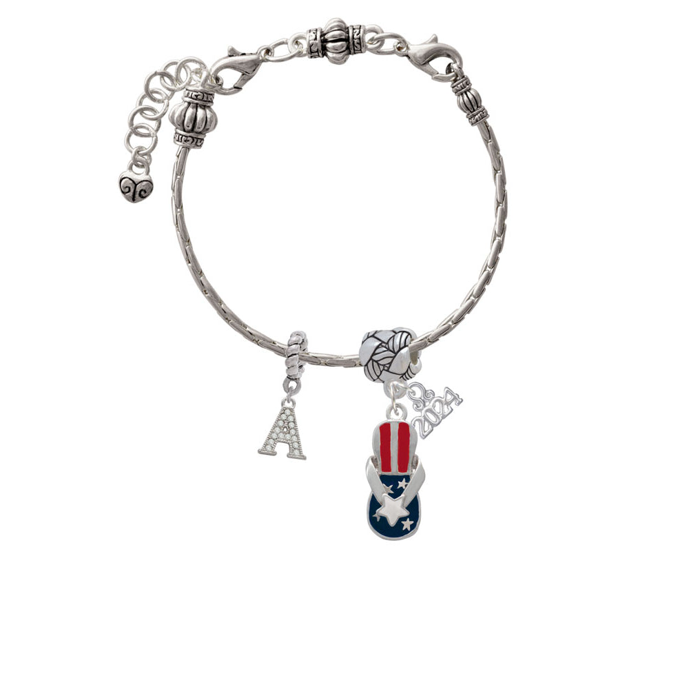 Delight Jewelry Silvertone USA Patriotic Flip Flop with White Star Woven Rope Charm Bead Dangle with Year 2024 Image 2