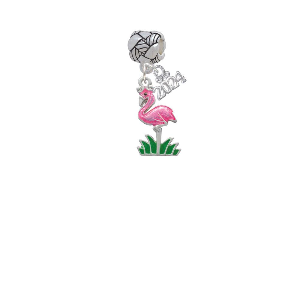 Delight Jewelry Silvertone Hot Pink Enamel Flamingo with Grass Woven Rope Charm Bead Dangle with Year 2024 Image 1