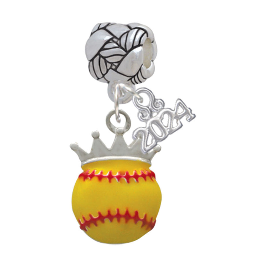 Delight Jewelry Silvertone Softball optic yellow - Crown Woven Rope Charm Bead Dangle with Year 2024 Image 1