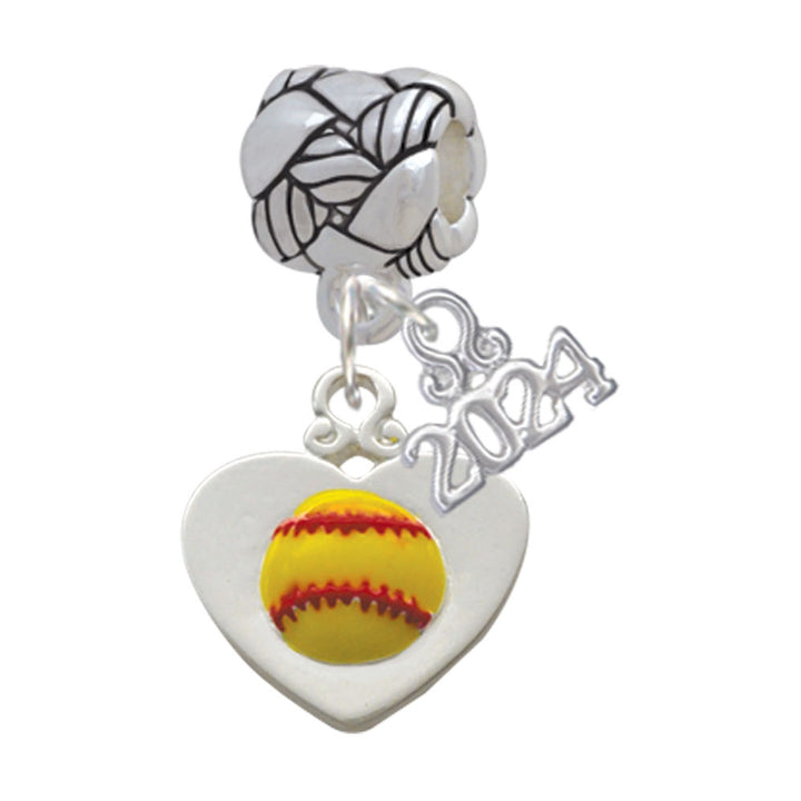 Delight Jewelry Silvertone Softball in Heart Woven Rope Charm Bead Dangle with Year 2024 Image 1