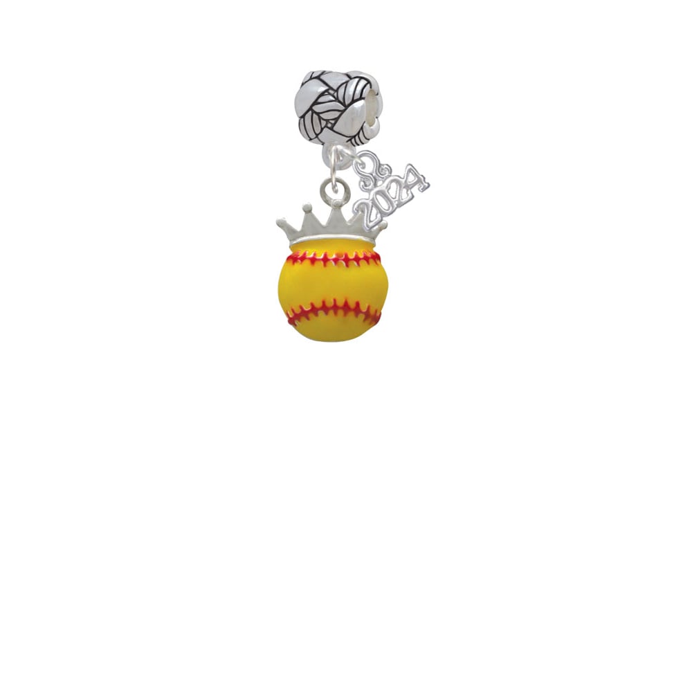 Delight Jewelry Silvertone Softball optic yellow - Crown Woven Rope Charm Bead Dangle with Year 2024 Image 2