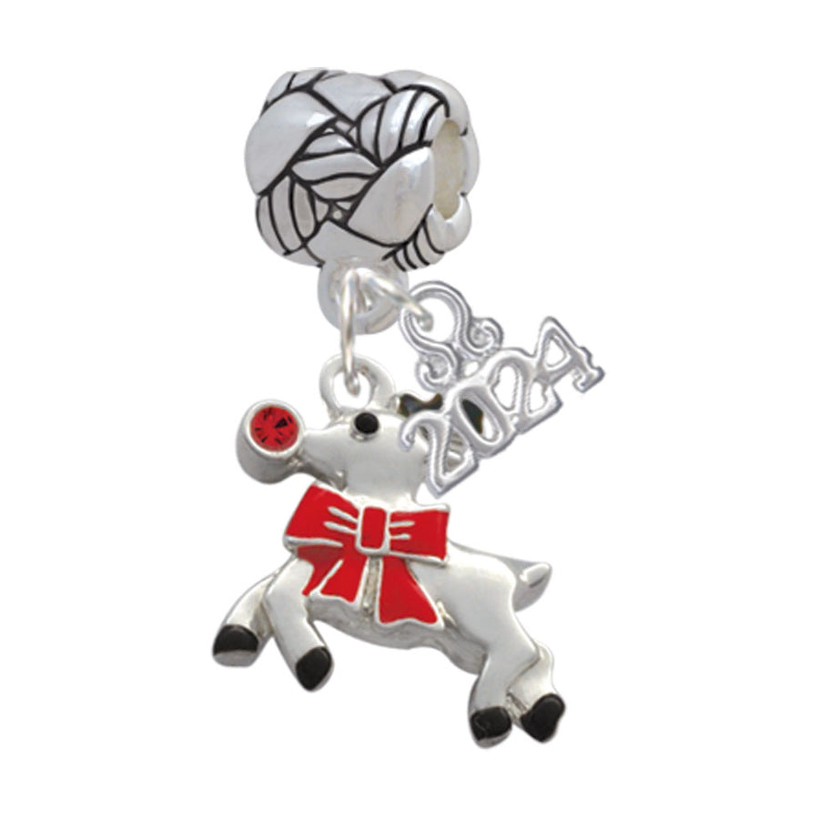 Delight Jewelry Silvertone Reindeer with Red Crystal Woven Rope Charm Bead Dangle with Year 2024 Image 1