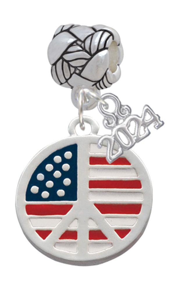 Delight Jewelry Silvertone Large Peace Sign with USA Flag Woven Rope Charm Bead Dangle with Year 2024 Image 1