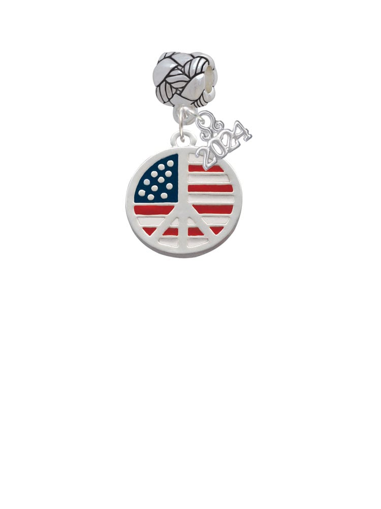 Delight Jewelry Silvertone Large Peace Sign with USA Flag Woven Rope Charm Bead Dangle with Year 2024 Image 2