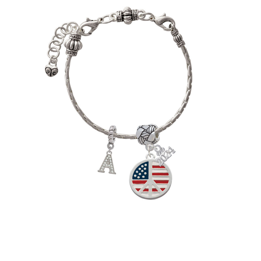 Delight Jewelry Silvertone Large Peace Sign with USA Flag Woven Rope Charm Bead Dangle with Year 2024 Image 3